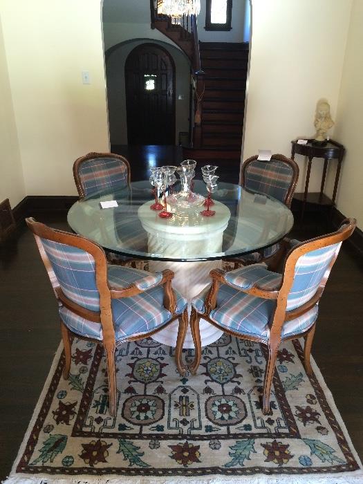 Beveled Glass Pedestal Table & 4-Open-Arm Chairs in The French Manner; Hand Made Rug