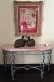 Marble Top Iron Console; pair of Grouse; framed Pastel 