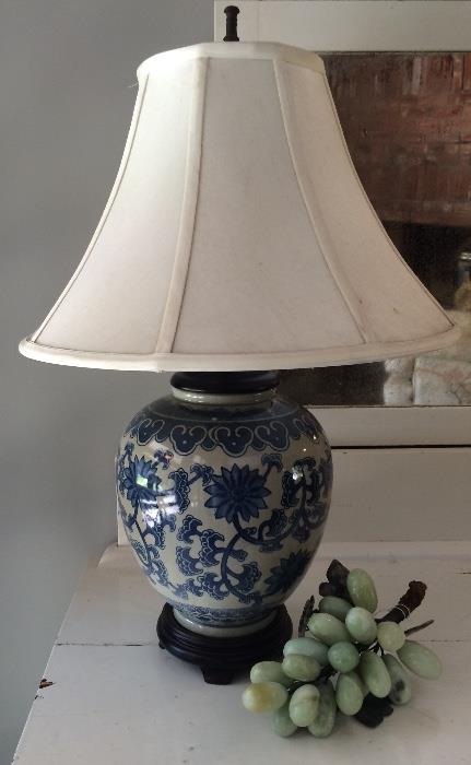 Blue & White Ginger Jar Lamp with Marble Grapes