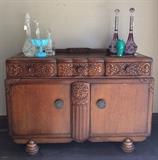 English Art Deco Buffet, Now Used as a Lanai Bar; Crystal Decanters; Pattern Glass; Japanese Cloisonné