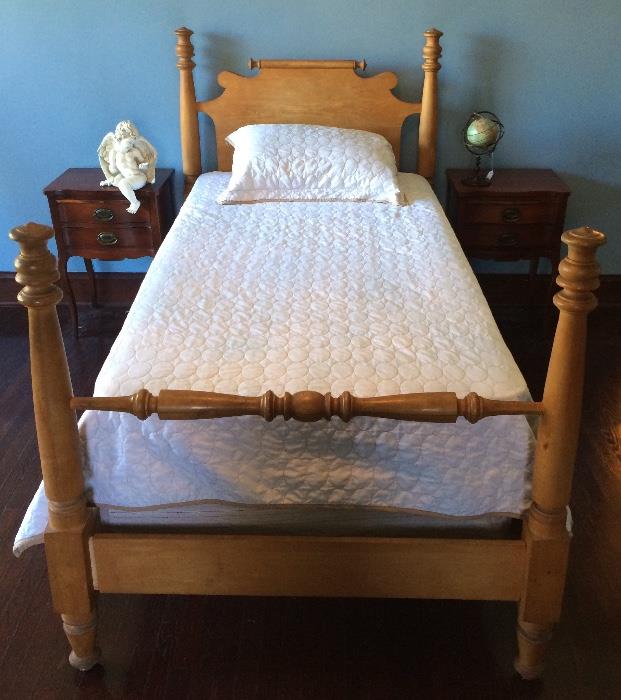 Comfortable Antique Pine Child’s Bed; Cherry Bedside Chests on Legs