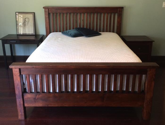 Dark Wood Arts & Crafts Bed, Side Chest & Dresser; English Oak Writing Table