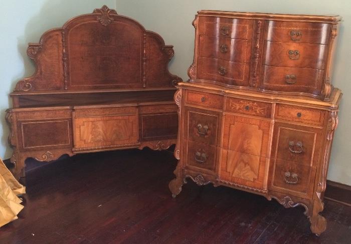 Multi-Drawer Italian Baroque Revival Chest and Bed with Beautiful Veneer Work