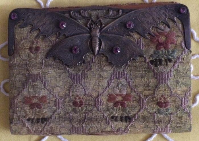Art Nouveau Brocade & leather wallet with Metal & Semi-precious stones