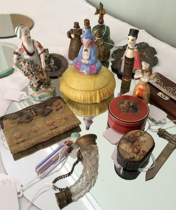 Small Wonders: Revlon Lipstick Case; Perfume/trinket Box; Bells; Cut Crystal & Silver Scent Bottle in the shape of a powder Horn (for the Gentlemen); Decoupage Boxes; etc...