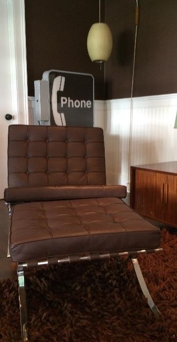 Barcelona "Style" Lounge Chair & Ottoman; PHONE Sign; Nelson Pendant Lamp