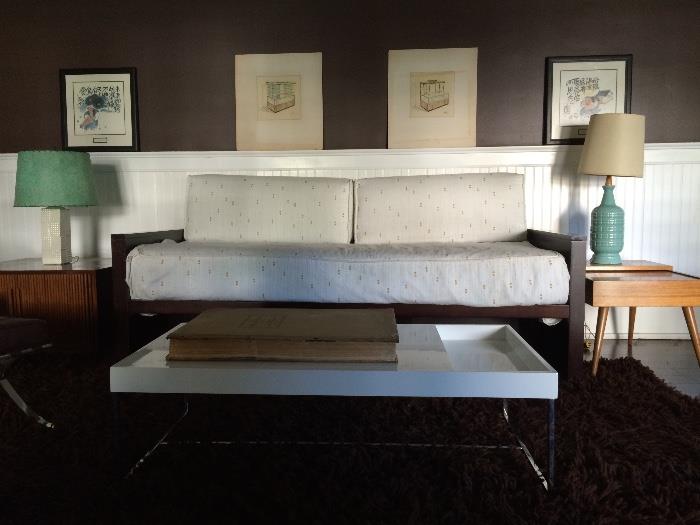 Mid-Century Chic: Day-Bed; End Tables; Coffee Table; Lamps; Deep Shag Rug; Art 