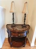 Marge Carson: demilune table with marble top, pr table lamps