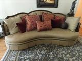 Marge Carson: Kidney shaped large sofa, decorator pillows