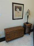 Painting, French with bird, pencil signed. Trunk and round bed side table.