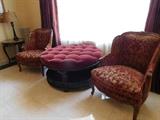 Marge Carson: Large round ottomon with drawers. 2 cut velvet side chairs 