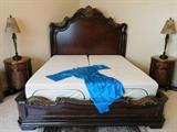 Large King Size bed.  King size tempurpedic mattress, Pr. round side tables 