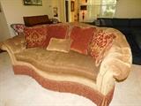 Sofa, gold tone w/ fringe and pillows