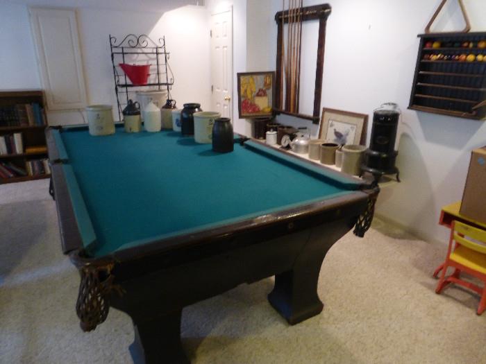 Antique Brunswick-Balke-Collender Pool Table & Some of Many Salt Glazed and Brown Stoneware items