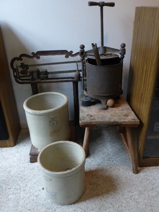 Antique Scale, Wine Press, Red Wing Crocks