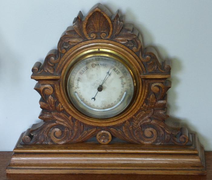 Antique Desk or Mantel Barometer w/ Curved Thermometer, Carved Oak Case, England