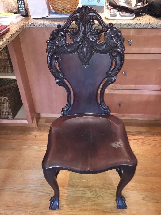 Queen Anne style carved wood chair medallion back and ball and foot legs