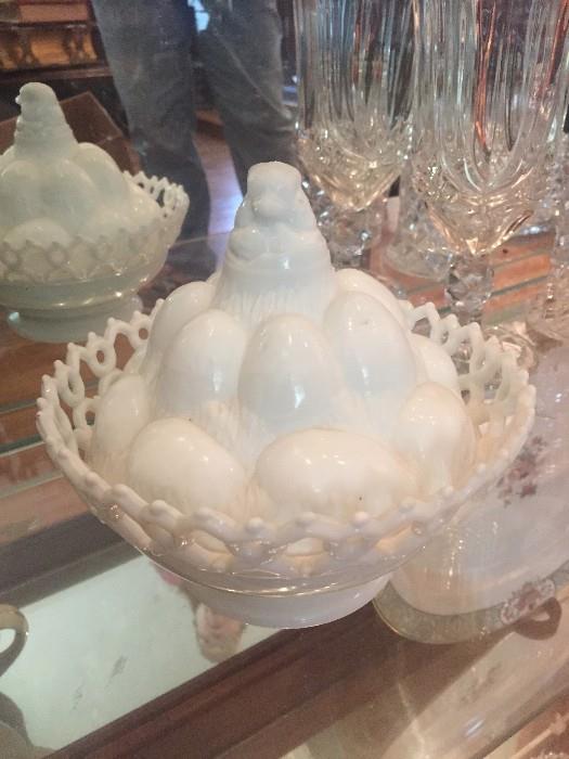 Westmoreland milk glass covered lattice edge bowl with hen on eggs