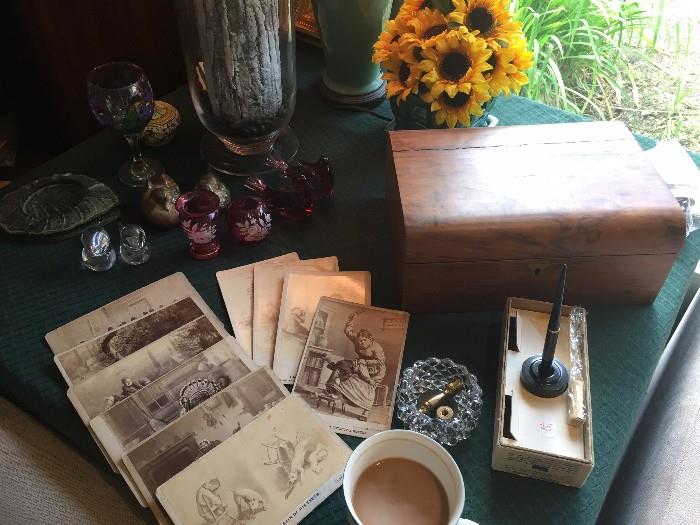 Vintage cabinet cards, travel desk and fountain pens