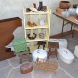 Miniature boots and shoe collection, enamelware, vintage toys and crib