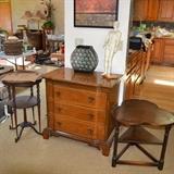 Commode/Small Chest of Drawers in excellent condition, Antique occasional tables (round, clover leaf, twisted leg - some condition issues)