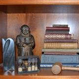 Cast iron and bronze pieces, printers letters, vintage books, wooden hammer