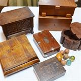 Wooden boxes, new and old, antique marbles and balls