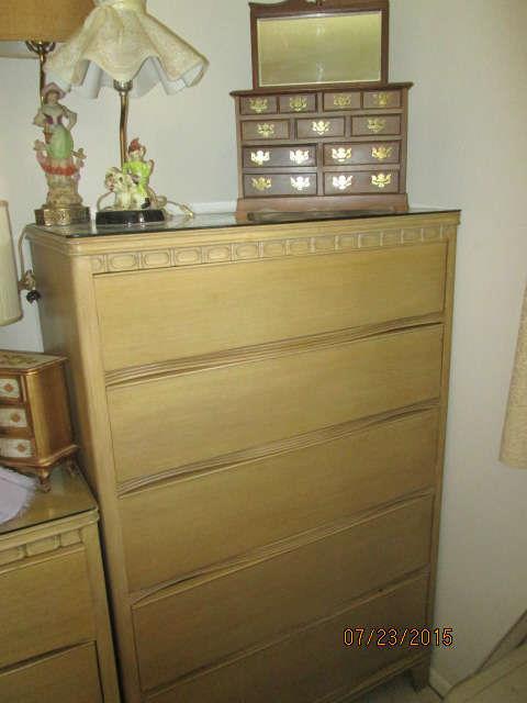Matching 1950's chest of drawers, dresser with mirror and king sized headboard