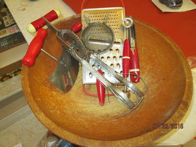 Vintage red wood handled utensils, wood bowl