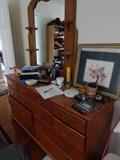 Bedroom dresser with mirror. This dresser has been made from solid oak and it even has oak drawer floors. GOOD QUALITY. There is a chest of drawers and a pair of night stands to match.