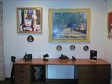 DUNBAR, DOUBLE PEDESTAL, MID CENTURY, WALNUT SIDEBOARD, LARGE OIL PAINTING SIGNED, FRANK MONACO, 4 OF A SET OF 12 ROSENTHAL PLATES,  BRONZES