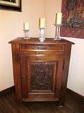 CARVED, GOTHIC CUPBOARD, 3  PEDESTAL BASECRYSTAL CANDLESTICKS