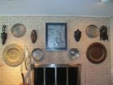 COLLECTION OF AUTHENTIC AFRICAN ART, FRAMED ETCHING, HAND CRAFTED BRASS, COPPER PLATES, POLISHED METAL ABSTRACT SCULPTURE,