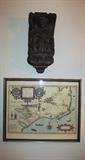 SECOND MEDIEVAL SCONCE AND FRAMED MAP  