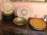 18 GOLD LEAF CHARGER PLATES WITH SERVING PIECES