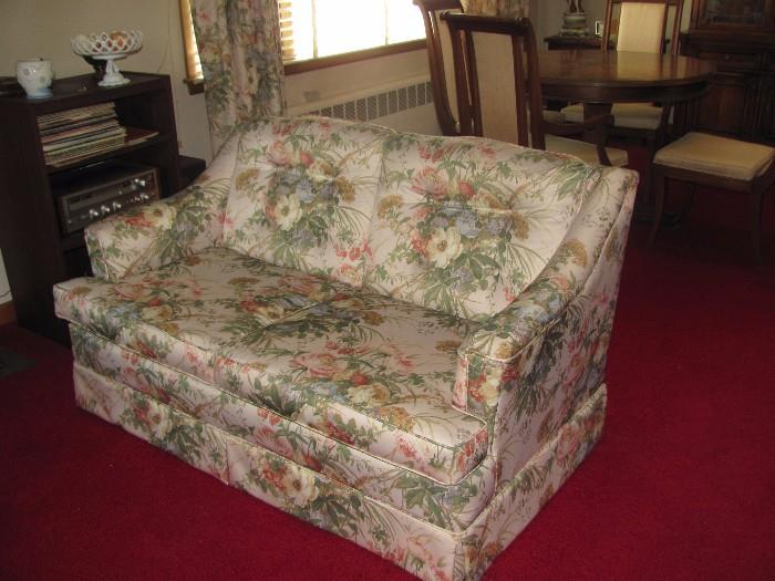 TWO LOVELY MATCHING SETTEE'S BY HICKORY HILL WITH MATCHING CUSTOM DRAPES ALL FOR $95.00!!!! AND DINING ROOM TABLE WITH 7 CHAIRS, 3 LEAVES AND A HUTCH ALL FOR $175.00!!!