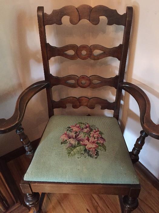 Antique ladder back chairs with petit point seats