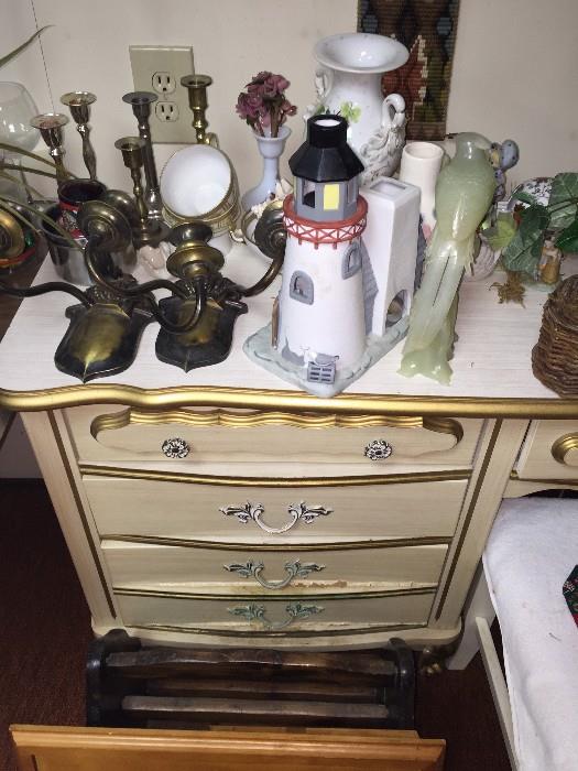 assorted collectibles and Drexel french provincial style desk or dresser