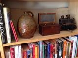 Antique tea box, books, coffee table books