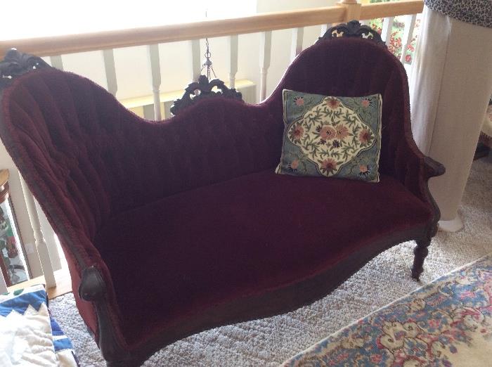 Victorian button tufted settee in wine