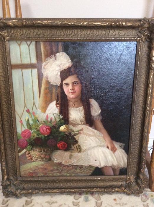 Oil on canvas portrait of a young girl - so very Edwardian - canvas has a small tear