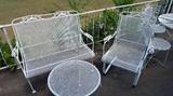 vintage mesh iron settee, table and bouncer