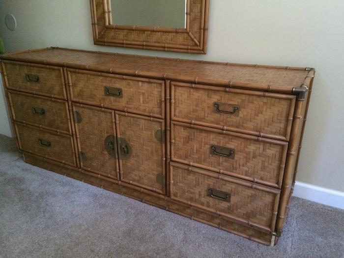 Bamboo long Dresser with matching tall dresser and mirror