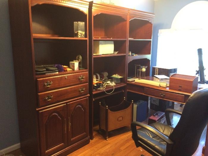 Three office pieces--shelves with file drawer and printer drawer, computer station, shelf with desk section