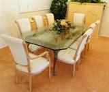 Imported Italian Dining Table with custom beveled glass top, 6 dining chairs and 2 armed dining chairs