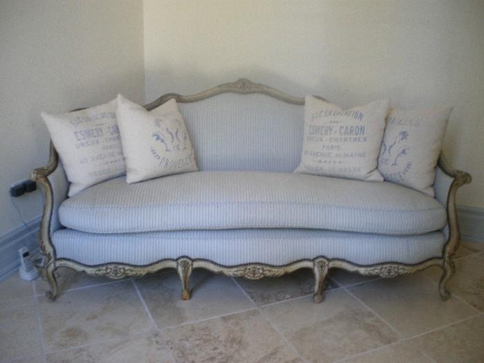 Gorgeous French Louis XVI Style Canape Sofa with light blue fabric and backing in Blue & White Toile