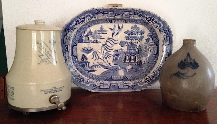 large blue willow meat plate, dispenser and jug