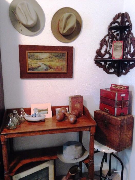 antique writing desk victorian fly catchers, and carved black forest pipe rack, old stetsons