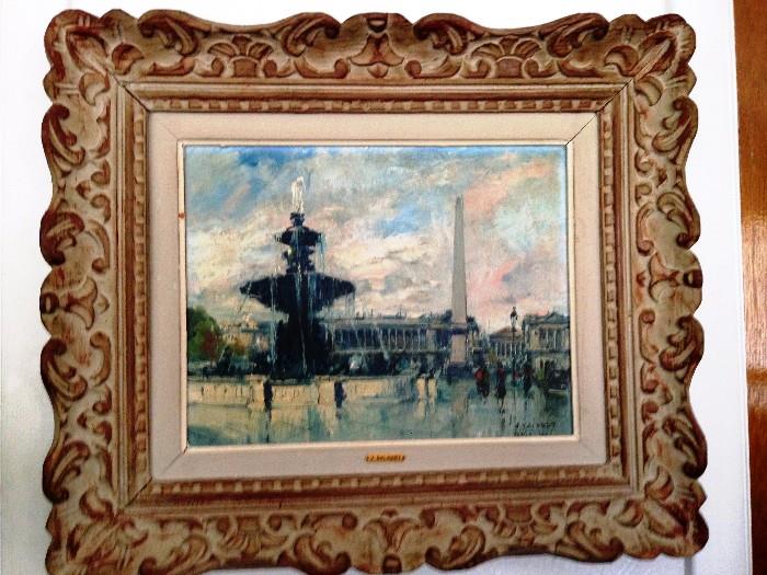 Framed “Place de la Concorde” Paris fountain scene oil on canvas signed Paris 1956 
Jean Salabet 
14 x 10.5" thick carved frame
