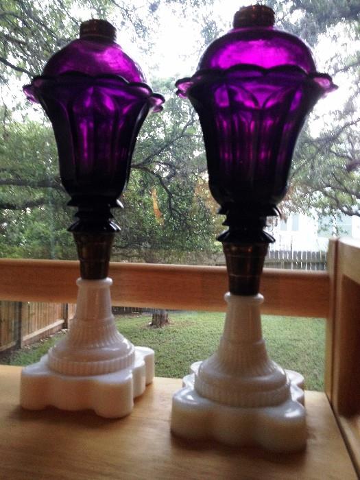 near pair amethyst and milk glass oil lamps 